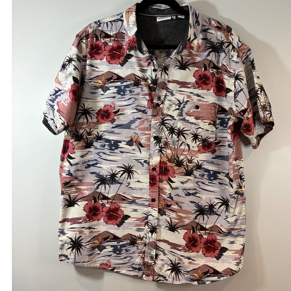 Ron Jon Surf Shop Men's XL Tropical Hibiscus Woven Hawaiian Khaki Shirt‎